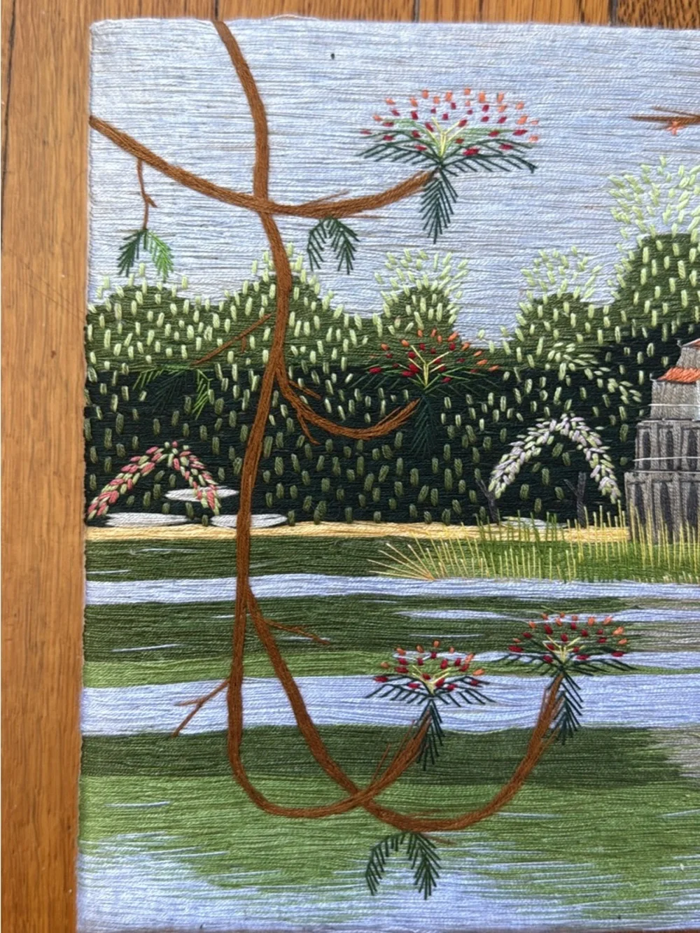Vintage Embroidered Landscape Wall Art in Green, Blue and Red